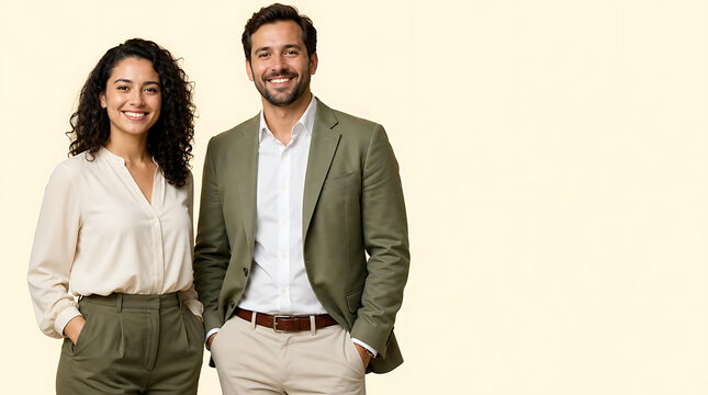 Couple d'affaires souriants posant sur fond beige - Tenue business casual professionnelle