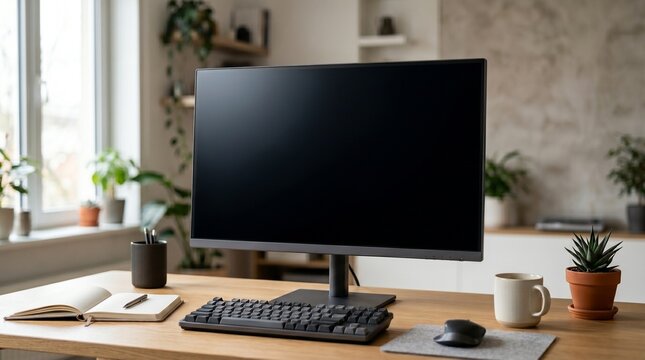Desktop monitor with empty screen on wooden office desk