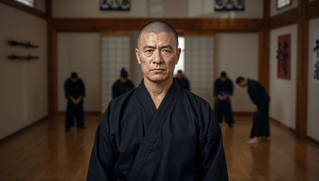 道場で静かに正面を見つめる黒い稽古着の日本人男性