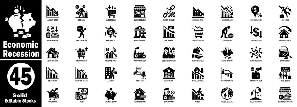 Economic recession solid icon set. Containing vector symbols for market drop, job loss, and financial instability concepts.