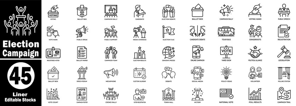 Election campaign linear icon set, with line symbols for voting procedures, political debates, and public speech activities.