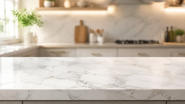 A kitchen countertop made of marble is shown with light coming from the windows. Cabinets are present along with kitchen items in the background. The scene is bright and inviting.