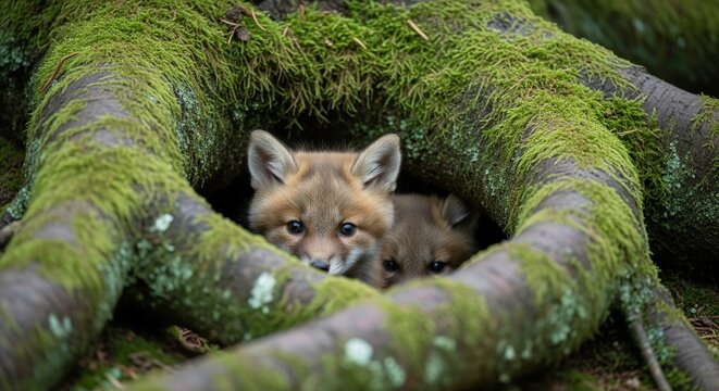 Two cute baby fox cubs peeking out from their cozy den inside a moss-covered tree root in a green forest