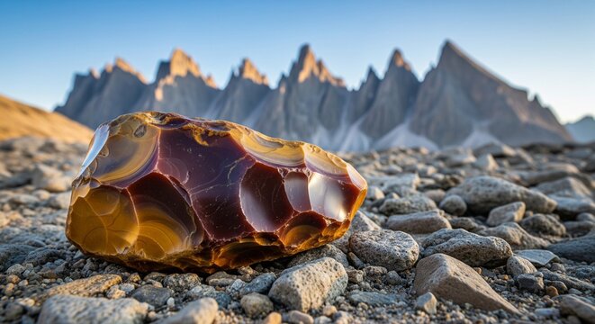 A beautiful raw jasper or chalcedony stone with a shiny texture sitting on a gravel ground with a scenic sharp mountain ridge under a blue sky.