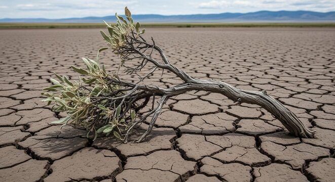 A dry, leafless branch resting on a heavily cracked mud surface in a barren desert plain under an overcast sky