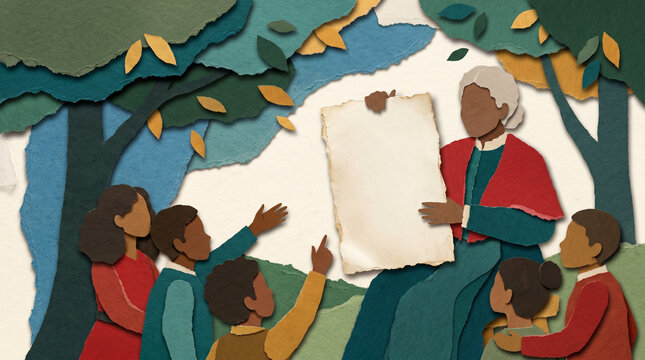 Elderly woman reading a blank proclamation to children in a park  