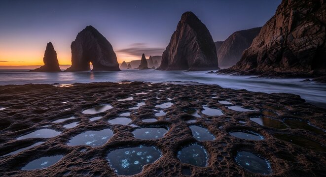 Rocky tide pools on a beach at sunset with sea stacks