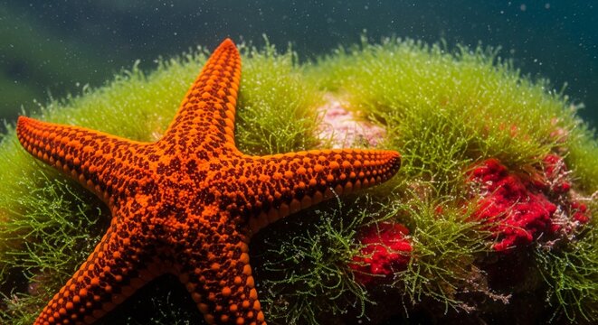 Orange sea star close-up on bright green aquatic moss