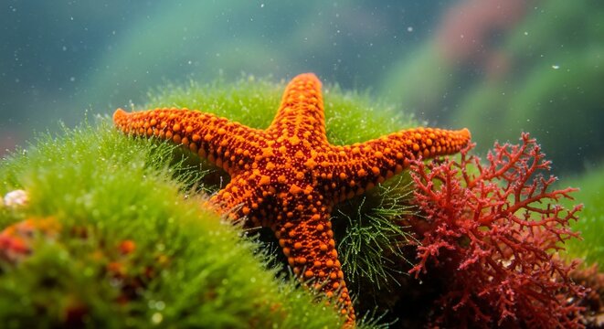 Bright orange starfish on green sea moss underwater