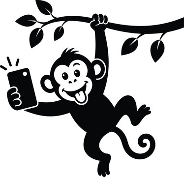 Funny cartoon monkey hanging on a tree branch taking a selfie with a mobile phone vector illustration