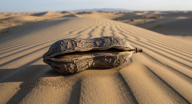 A large, dry, open seed pod resembling a giant peanut shell sitting on a rippled sand ridge in a vast desert under a clear sky