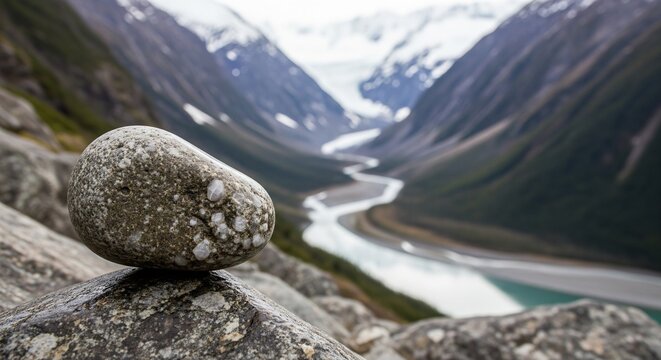 A speckled grey stone balancing on a rocky ledge in the foreground, overlooking a deep mountain valley with a winding glacier river and snow-capped peaks