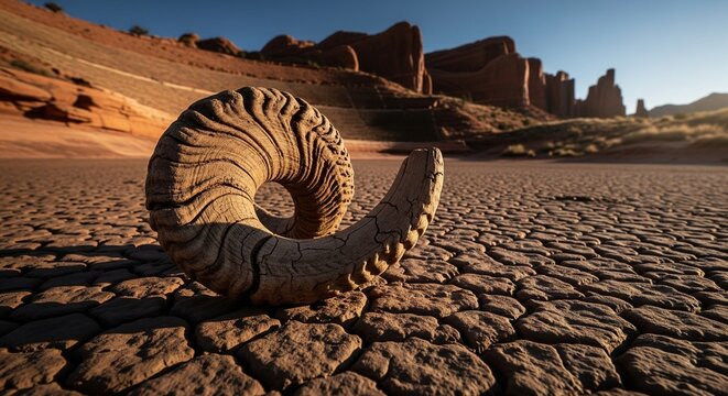 A curved, spiral ram horn lying on deeply cracked mud in a dry desert basin with rocky hills in the background