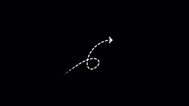 Animated white dashed arrow with a hand-drawn doodle loop. Seamless loop on transparent alpha channel background for video editing and presentations.