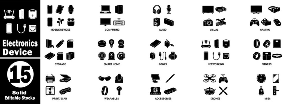Electronic device technology equipment solid icon set. Vector design for mobile application website and print media.