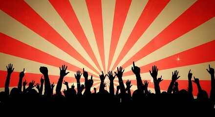 Obraz premium A dynamic silhouette illustration of a crowd with hands raised in excitement, set against a vibrant red and beige vintage sunburst backdrop. Perfect for concert, festival, and event concepts.