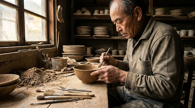 Elderly artisan repairing cerami&hellip; isolated on a clean white background