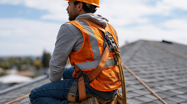 construction worker wearing full fall protection harness clipped to a roof anchor point, kneeling on steep residential shingles at midday sun, safety equipment roofing trade, high-visibility vest, h
