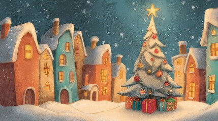 Obraz premium Snowy village glows warmly under starry night. Christmas tree stands tall, adorned with lights and ornaments. Festive gifts sit beneath, wrapped in colorful paper. Cozy houses line the street
