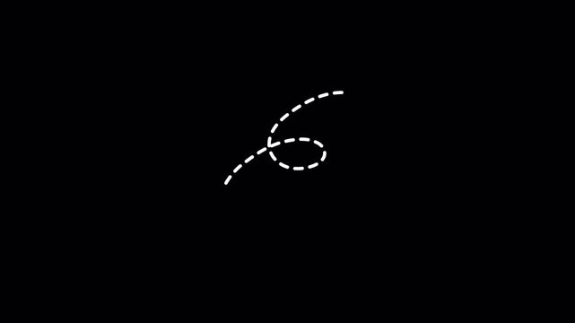 Minimalist white dashed line flight path loop animation with transparent alpha channel background.