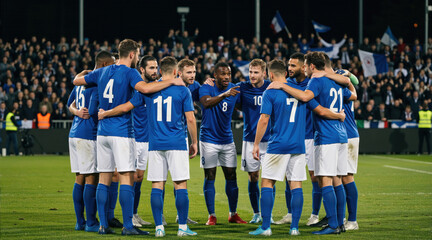 Obraz premium Professional male soccer team gathering in a huddle on the field. Football players in blue and white uniforms discussing game strategy under stadium lights. Teamwork and athletic competition concept