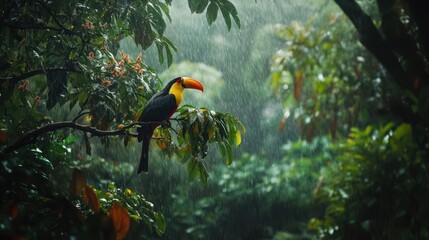 Obraz premium Toucan in rainforest during rain shower; wildlife photography (1)