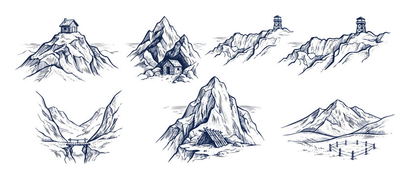 Mountain sketch landscape vector set featuring alpine cabins, watchtowers, wooden bridges, and rustic stone shelters in vintage hand-drawn engraving style for outdoor wilderness adventure design sets.