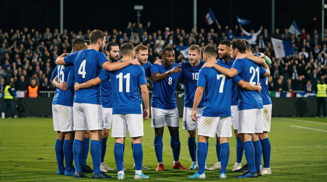 Professional male soccer team gathering in a huddle on the field. Football players in blue and white uniforms discussing game strategy under stadium lights. Teamwork and athletic competition concept