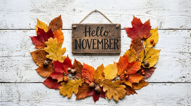 Hello november fall wreath on rustic white wood background with colorful leaves and acorns