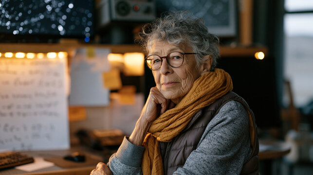 Retired astrophysicist woman in her seventies sits alone at predawn observatory desk surrounded by star charts and handwritten calculations, isolation and quiet purpose etched into her weathered fac
