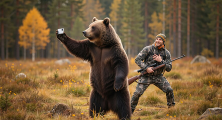 Obraz premium Brown bear taking a selfie with a smartphone in the forest. Surprised hunter watching a wild animal. Funny nature concept