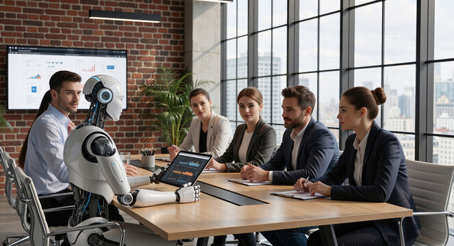 Humanoid robot leading a business meeting in a modern office with people. Future technology and corporate team collaboration