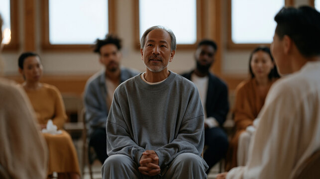 Multicultural grief support circle of eight adults seated on folding chairs in a church basement, tissues on laps, one member speaking with raw honesty while others lean forward in compassionate sil