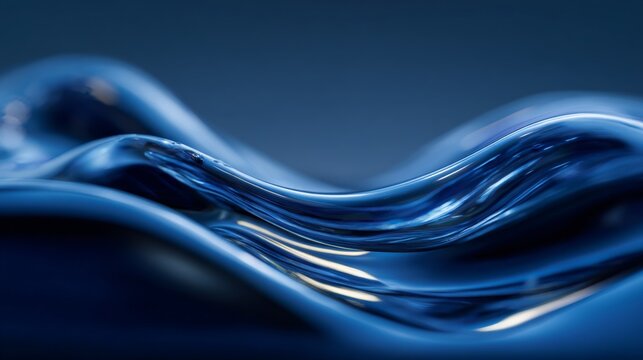 Deep blue liquid flows with smooth, undulating curves. Surface reflects light, creating a glossy, serene appearance. Minimalist background emphasizes the fluid's elegant motion
