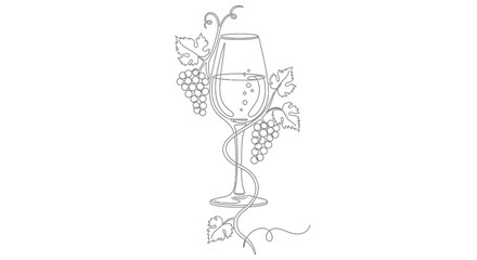 A delicate line art illustration of a wine glass surrounded by grape clusters and vines. © bi
