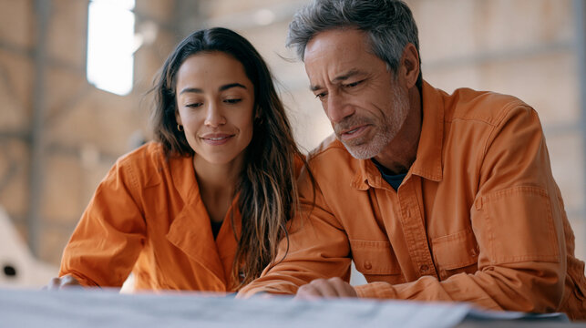 Candid unposed moment of a female Indigenous astronaut candidate in her thirties reviewing Artemis mission habitat schematics with a senior engineer, both leaning over a long table in a training fac