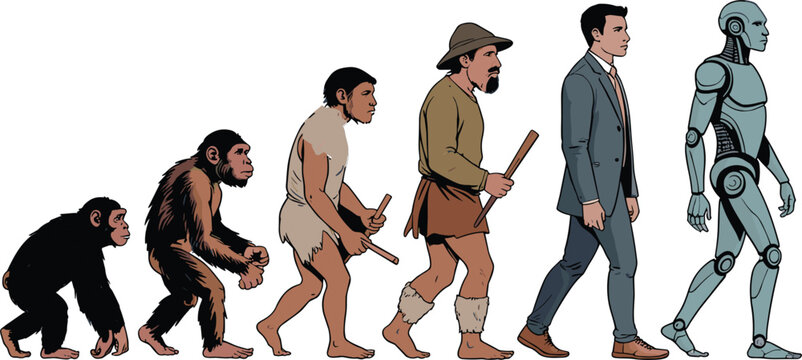 The March of Progress: A visual representation of human evolution, from early ape-like ancestors to a modern man in a suit, culminating in a futuristic android.