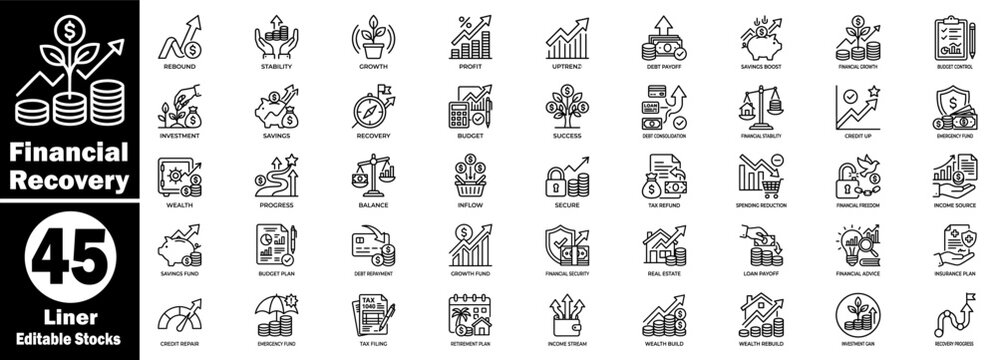 Financial recovery icons collection. Featuring linear concepts for economic growth, budget stability, and investment repair.