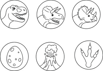Fototapeta premium Set of cute dinosaur icons and prehistoric elements in a simple black and white line style