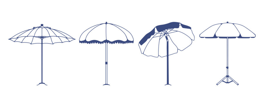 A set of beach umbrellas and deck chairs on white background.