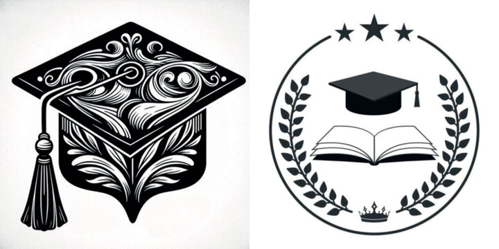 Ornate graduation cap and book emblem with decorative elements  