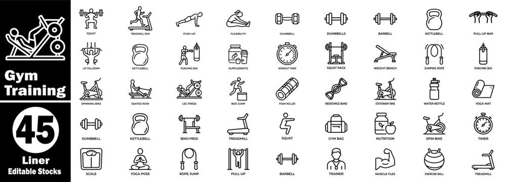 Gym training line icons pack. Featuring editable strokes for fitness club equipment, workout exercises, and sports wellness.