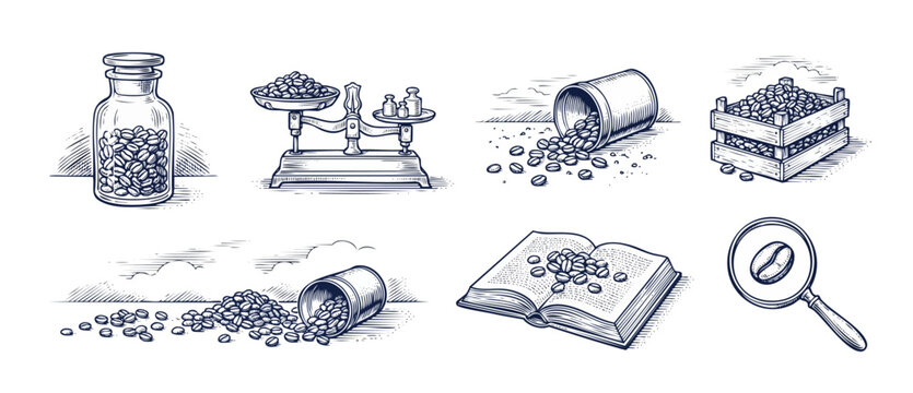 Vintage coffee bean engraving illustrations set featuring retro sketched icons of jar, scale, wooden crate, spilled cups, open book and magnifying glass for rustic cafe branding, menus and asset pack.