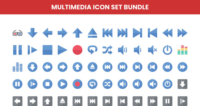 Multimedia icon set bundle. comprehensive collection of audio and video controls