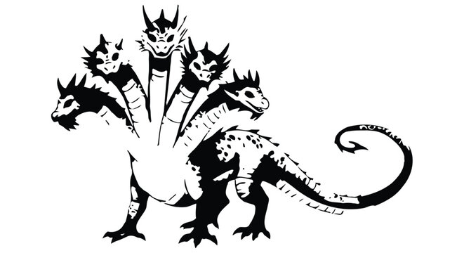 Multi headed dragon silhouette against a white background