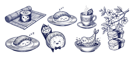 Cute sushi character illustration set featuring funny hand drawn sushi roll, sleeping nigiri, splashing tempura shrimp, and cherry blossom branch in vintage Japanese engraved woodcut sketch style. © Dinali