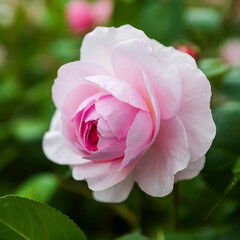 Obraz premium Macro shot of a delicate pink rose flower blooming with soft blurred green leaves background.