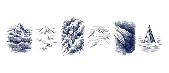 Obraz premium Mountain peak hand drawn sketch set with vintage engraving style hills in clouds for adventure design. Retro engraved line art summit set, minimalist nature landscape outline vector illustration.