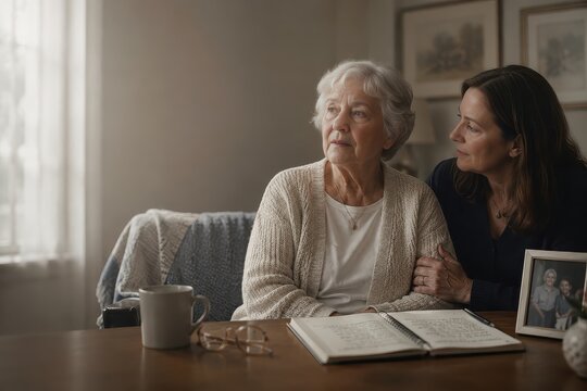 Adult daughter comforting senior woman sitting at table with book. Supportive care for elderly parent. Empathy and family connection in house. Gentle interaction between mother and child