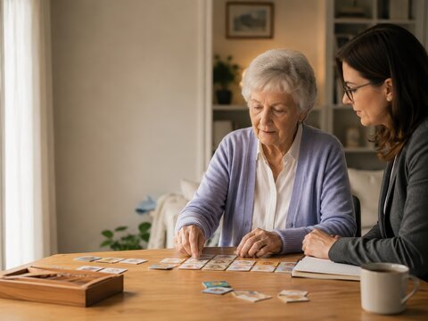 Young woman caregiver playing memory card game with senior woman. Professional home care assistance for elderly brain training and cognitive therapy. Mental health support for grandmother